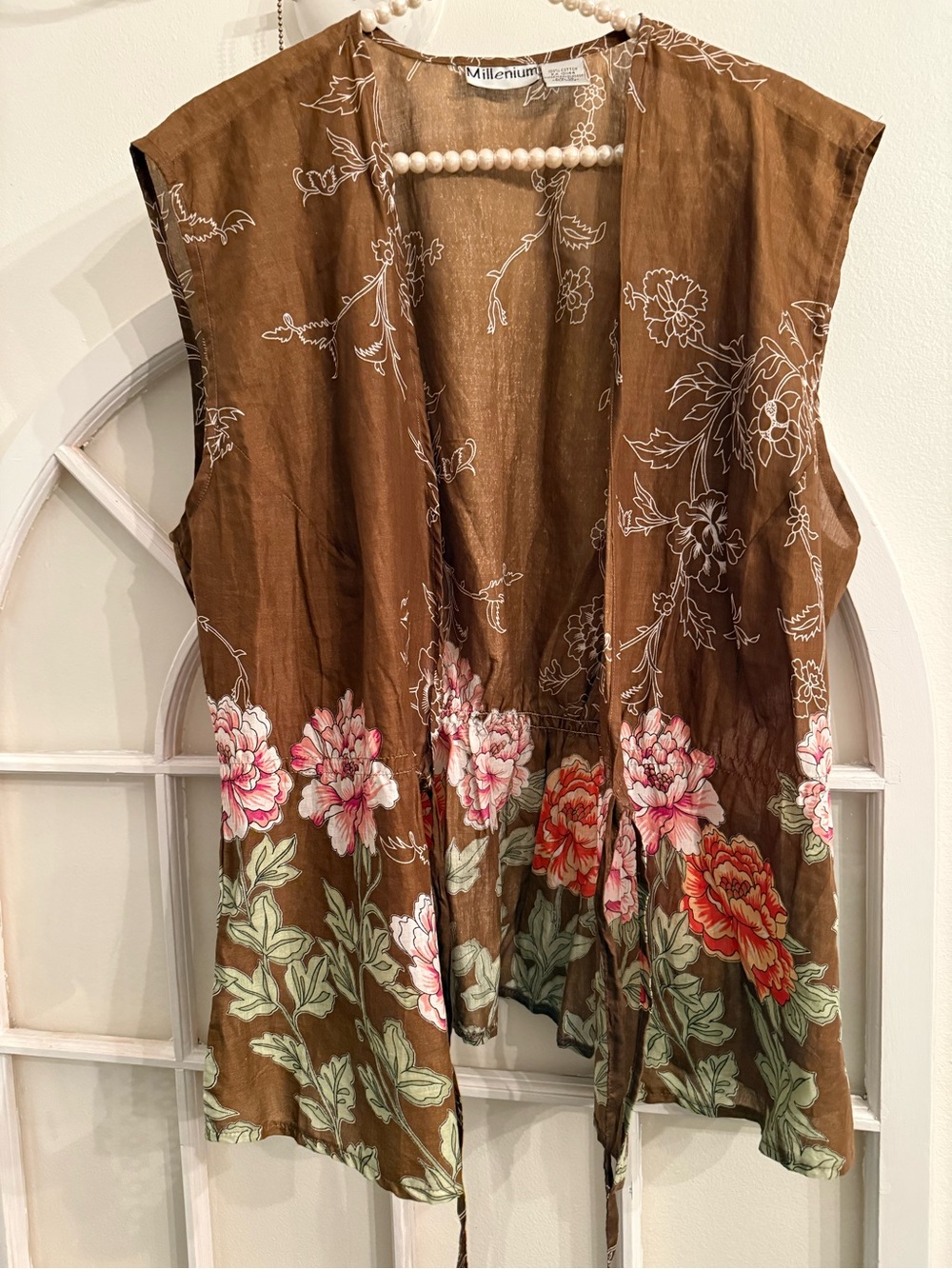 Vintage Millenium Brown Floral Cotton Front-Tie Cottagecore Boho Vest size 1X